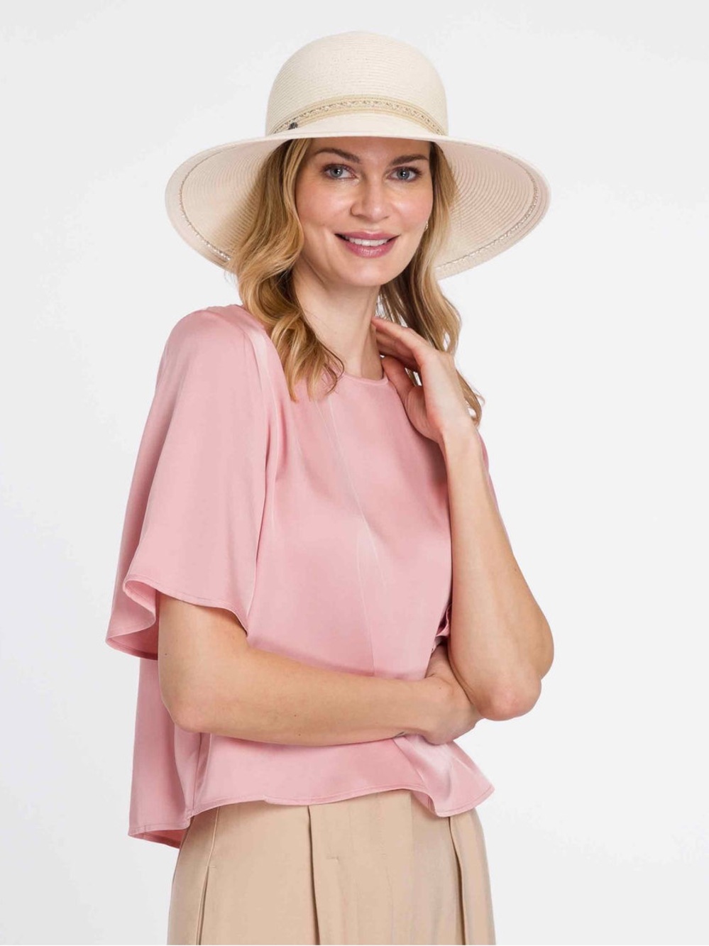 NWT V Fraas Women Cream Braided Trim Wide Brim Adjustable Sun Hat Bloomingdale’s